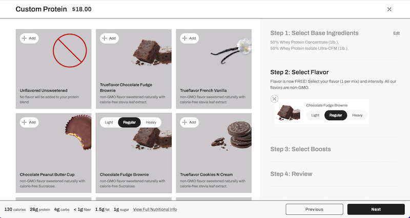 Screenshot of the true nutrition powder mix builder