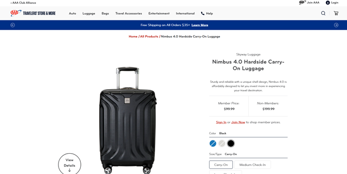 Screenshot of the AAA Club Alliance product page.