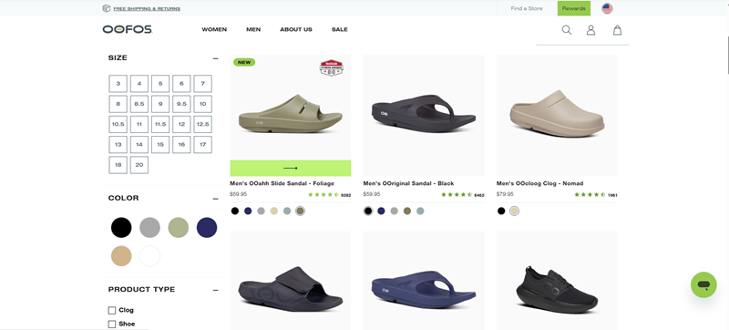 Image of the Oofos website's collection page